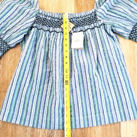 Faherty Presley Top Blue Coast Stripe Babydoll Square Neck Boho Smocked Organic - Picture 8 of 14
